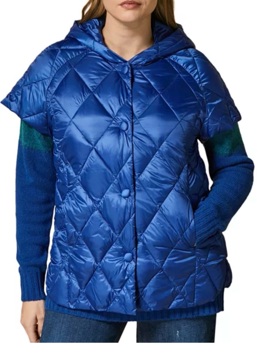 Marina Rinaldi Royal Blue Quilted Short-Sleeve Hooded Puffer